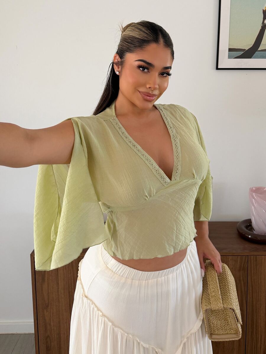 Maria Perezxox 波西米亚风V领收腰刺绣开衩袖舒适亲肤女式衬衫
