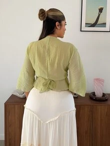 Maria Perezxox 波西米亚风V领收腰刺绣开衩袖舒适亲肤女式衬衫 - 綠色 - 查看 3
