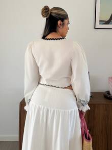 Maria Perezxox 女士度假休闲拼色编织吊带花卉刺绣系带衬衫，秋季女士，返校，乡村音乐会，商务休闲女士，女士教师，约会之夜女士，生日，女士早午餐，西方女装，商务休闲女士 - 杏色 - 查看 3