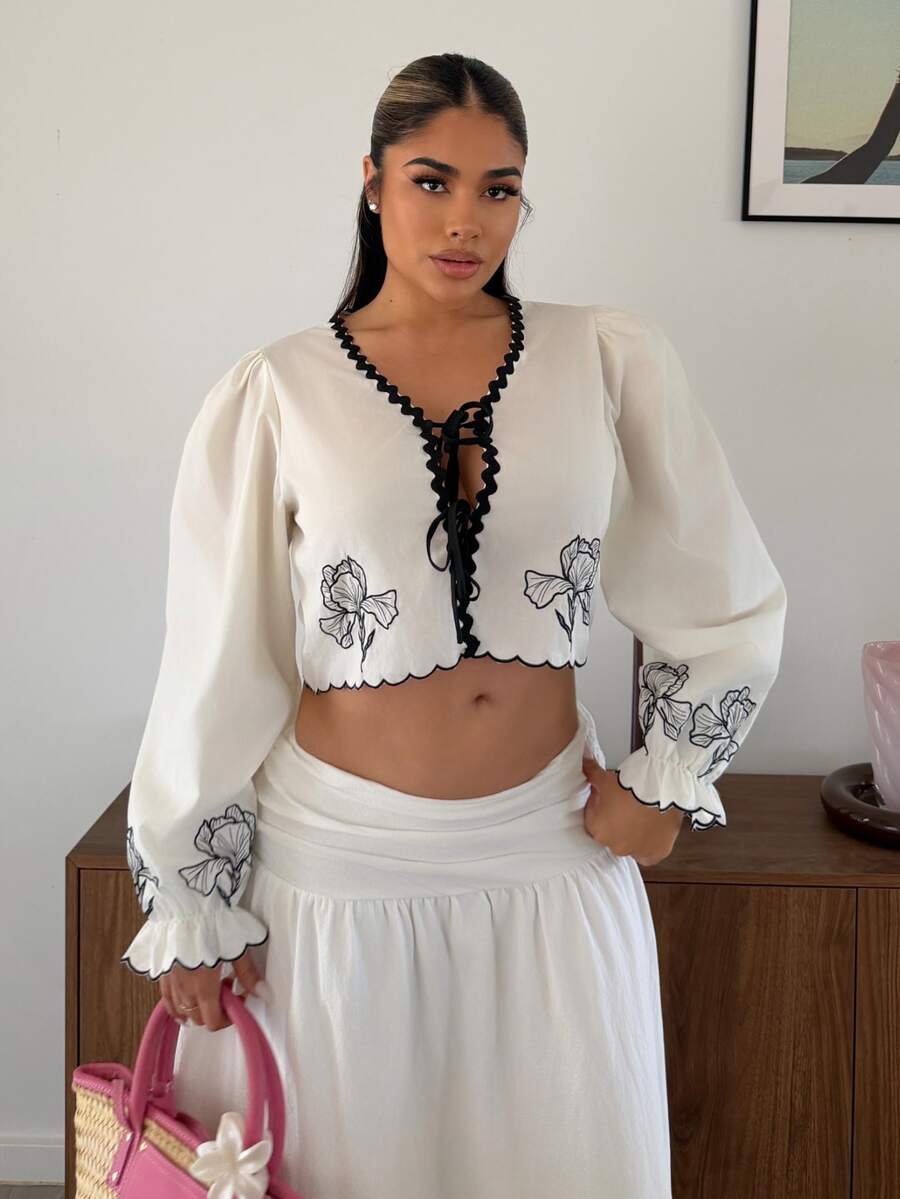 Maria Perezxox 女士度假休闲拼色编织吊带花卉刺绣系带衬衫，秋季女士，返校，乡村音乐会，商务休闲女士，女士教师，约会之夜女士，生日，女士早午餐，西方女装，商务休闲女士