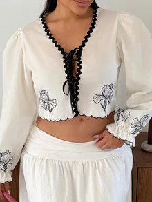 Maria Perezxox 女士度假休闲拼色编织吊带花卉刺绣系带衬衫，秋季女士，返校，乡村音乐会，商务休闲女士，女士教师，约会之夜女士，生日，女士早午餐，西方女装，商务休闲女士 - 杏色 - 查看 7