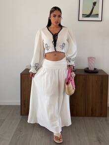 Maria Perezxox 女士度假休闲拼色编织吊带花卉刺绣系带衬衫，秋季女士，返校，乡村音乐会，商务休闲女士，女士教师，约会之夜女士，生日，女士早午餐，西方女装，商务休闲女士 - 杏色 - 查看 6