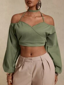 BamGlimmer Atasan Crop Top Model Halter Neck Silang Gaya Eropa & Amerika untuk Akhir Musim Panas, Musim Semi, dan Musim Gugur, Cocok untuk Pemakaian Sehari-hari dan Belanja. - Olive Green - View 4