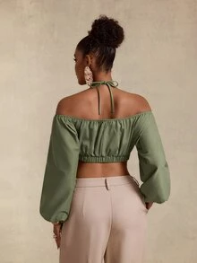 BamGlimmer Atasan Crop Top Model Halter Neck Silang Gaya Eropa & Amerika untuk Akhir Musim Panas, Musim Semi, dan Musim Gugur, Cocok untuk Pemakaian Sehari-hari dan Belanja. - Olive Green - View 3