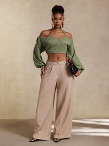BamGlimmer Atasan Crop Top Model Halter Neck Silang Gaya Eropa & Amerika untuk Akhir Musim Panas, Musim Semi, dan Musim Gugur, Cocok untuk Pemakaian Sehari-hari dan Belanja. - Olive Green - View 7
