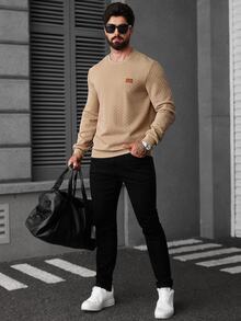 Manfinity CasualCool Men's Casual Basic Letter Patched Pullover, Brown Sweatshirt, Fall - Brown - View 4