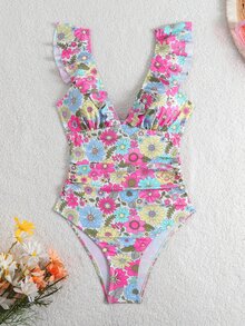 SHEIN Swim بدلة سباحة قطعة واحدة مزينة بنقشة زهور معقودة منفوشة للمرأة، بدلة سباحة قطعة واحدة للصيف وعطلات الشاطئ - متعدد الألوان - مشاهدة 7
