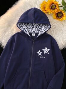 SHEIN Tween Girl Long Sleeve Fleece Autumn Back To School Zip Up Hooded Jacket Holiday Casual Skater Graphic Cute Comfortable Student Navy Blue Off Campus - Blue - View 4