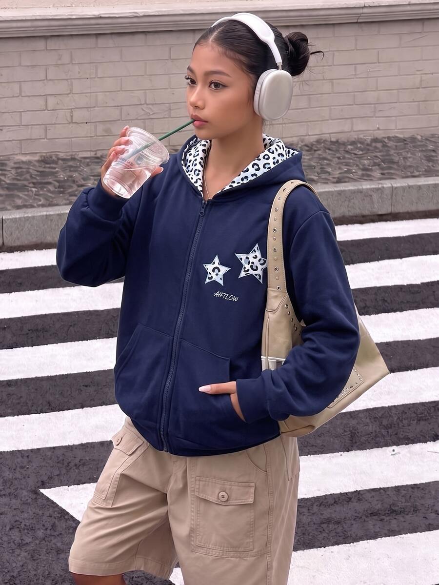 SHEIN Tween Girl Long Sleeve Fleece Autumn Back To School Zip Up Hooded Jacket Holiday Casual Skater Graphic Cute Comfortable Student Navy Blue Off Campus