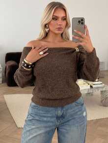 Auralis Women Plus Size Brown Cold Shoulder Knit Pullover Sweater Metal Decor Button Long Sleeve Loose Casual Autumn Top Thanksgiving Formal Date Night - Brown - View 2