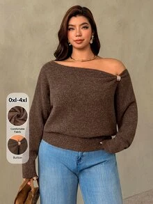 Auralis Women Plus Size Brown Cold Shoulder Knit Pullover Sweater Metal Decor Button Long Sleeve Loose Casual Autumn Top Thanksgiving Formal Date Night - Brown - View 7
