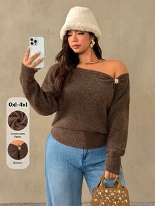 Auralis Women Plus Size Brown Cold Shoulder Knit Pullover Sweater Metal Decor Button Long Sleeve Loose Casual Autumn Top Thanksgiving Formal Date Night - Brown - View 3