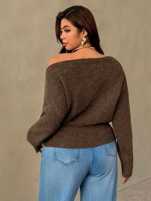 Auralis Women Plus Size Brown Cold Shoulder Knit Pullover Sweater Metal Decor Button Long Sleeve Loose Casual Autumn Top Thanksgiving Formal Date Night - Brown - View 4