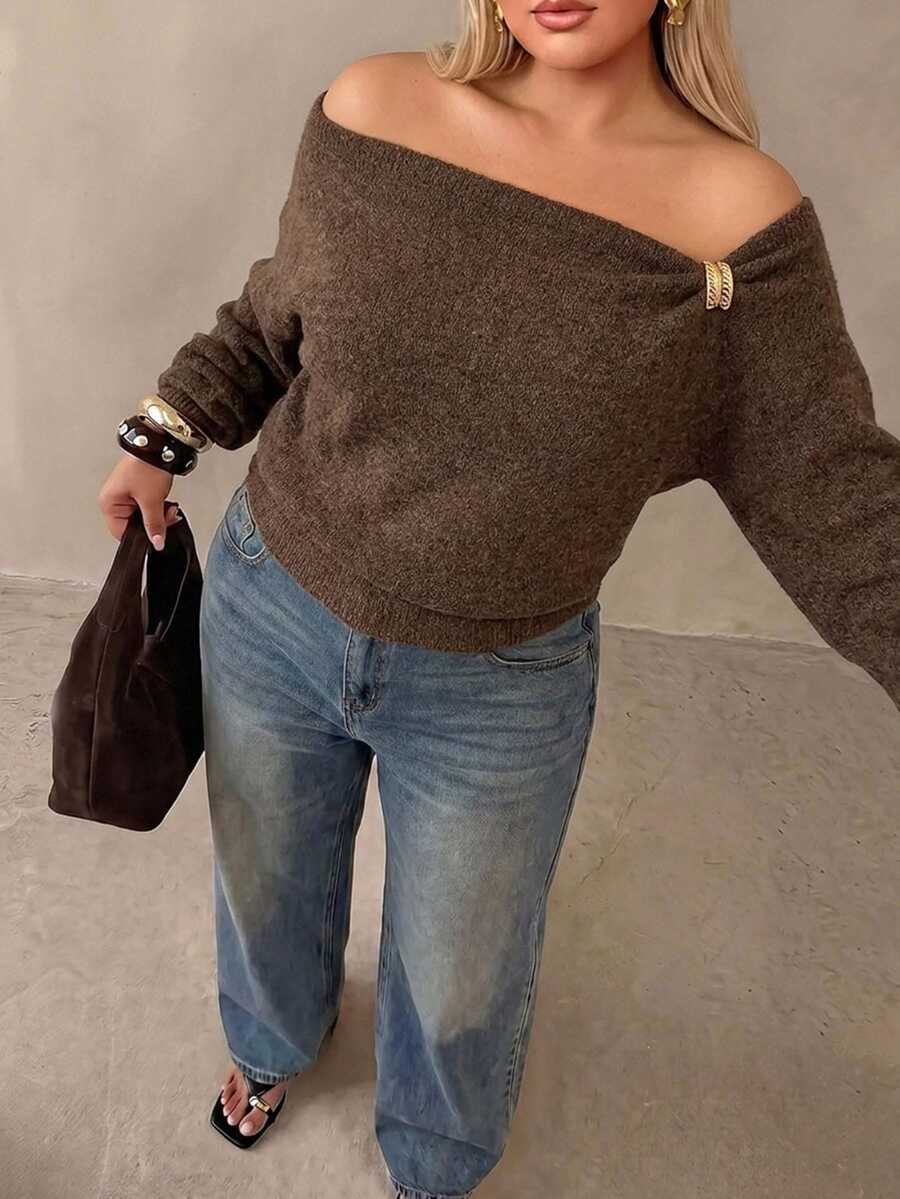 Auralis Women Plus Size Brown Cold Shoulder Knit Pullover Sweater Metal Decor Button Long Sleeve Loose Casual Autumn Top Thanksgiving Formal Date Night - Brown - View 1