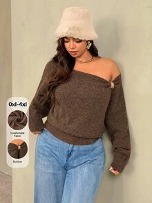 Auralis Women Plus Size Brown Cold Shoulder Knit Pullover Sweater Metal Decor Button Long Sleeve Loose Casual Autumn Top Thanksgiving Formal Date Night - Brown - View 9