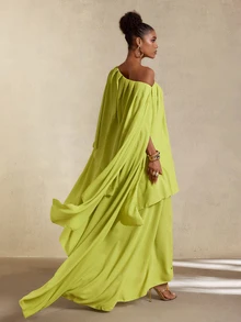 BamGlimmer Women's Autumn Solid Color Asymmetric Neck Asymmetrical Hem Long Dress Day Party Vacation Vacation Olive Green Elegant Tropical - Green - View 5