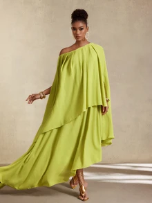 BamGlimmer Women's Autumn Solid Color Asymmetric Neck Asymmetrical Hem Long Dress Day Party Vacation Vacation Olive Green Elegant Tropical - Green - View 4