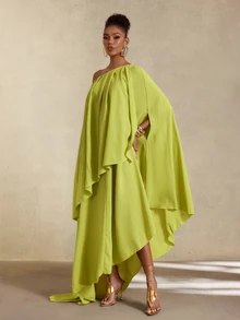 BamGlimmer Women's Autumn Solid Color Asymmetric Neck Asymmetrical Hem Long Dress Day Party Vacation Vacation Olive Green Elegant Tropical - Green - View 6