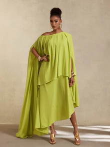 BamGlimmer Women's Autumn Solid Color Asymmetric Neck Asymmetrical Hem Long Dress Day Party Vacation Vacation Olive Green Elegant Tropical - Green - View 7