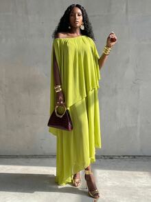 BamGlimmer Women's Autumn Solid Color Asymmetric Neck Asymmetrical Hem Long Dress Day Party Vacation Vacation Olive Green Elegant Tropical - Green - View 2