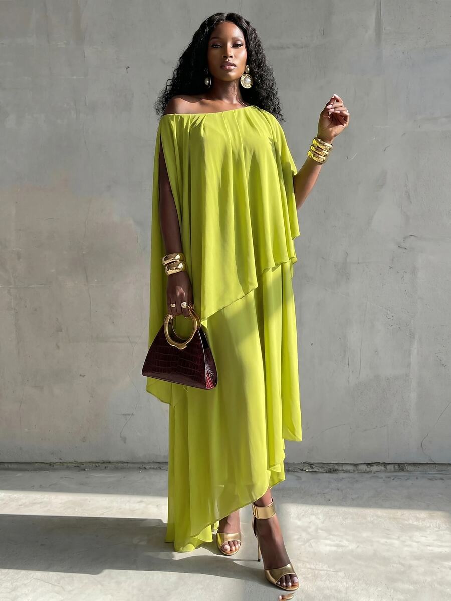 BamGlimmer Women's Autumn Solid Color Asymmetric Neck Asymmetrical Hem Long Dress Day Party Vacation Vacation Olive Green Elegant Tropical