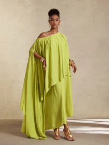 BamGlimmer Women's Autumn Solid Color Asymmetric Neck Asymmetrical Hem Long Dress Day Party Vacation Vacation Olive Green Elegant Tropical - Green - View 8
