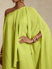 BamGlimmer Women's Autumn Solid Color Asymmetric Neck Asymmetrical Hem Long Dress Day Party Vacation Vacation Olive Green Elegant Tropical - Green - View 9