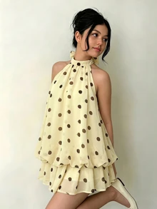 SHEIN Teen Girl Fashionable Streetwear, Travel Halter Neck Sleeveless Polka Dot Dress - Yellow - View 1