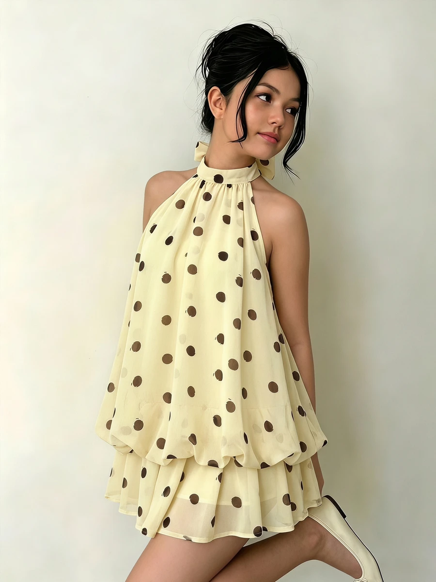 SHEIN Teen Girl Fashionable Streetwear, Travel Halter Neck Sleeveless Polka Dot Dress - Yellow - View 1