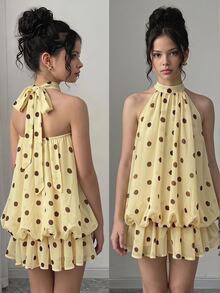 SHEIN Teen Girl Fashionable Streetwear, Travel Halter Neck Sleeveless Polka Dot Dress - Yellow - View 9
