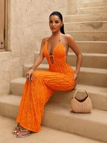 BamGleam Women's Summer Bright Orange Sexy Tropical Deep V Neck Long Bag Fringe Fabric Dress, Beaded Decorative Design, Suitable For Beach Vacation - Orange - View 3