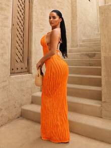 BamGleam Women's Summer Bright Orange Sexy Tropical Deep V Neck Long Bag Fringe Fabric Dress, Beaded Decorative Design, Suitable For Beach Vacation - Orange - View 4