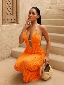 BamGleam Women's Summer Bright Orange Sexy Tropical Deep V Neck Long Bag Fringe Fabric Dress, Beaded Decorative Design, Suitable For Beach Vacation - Orange - View 5