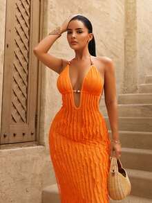 BamGleam Women's Summer Bright Orange Sexy Tropical Deep V Neck Long Bag Fringe Fabric Dress, Beaded Decorative Design, Suitable For Beach Vacation - Orange - View 7