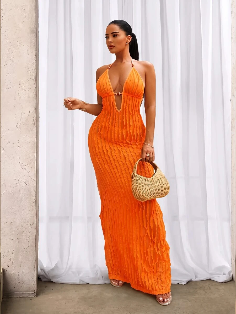BamGleam Women's Summer Bright Orange Sexy Tropical Deep V Neck Long Bag Fringe Fabric Dress, Beaded Decorative Design, Suitable For Beach Vacation