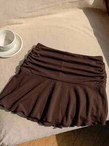 Comfortcana Casual Brown Minimalist Pleated Skirt - Brown - View 4