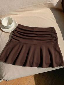 Comfortcana Casual Brown Minimalist Pleated Skirt - Brown - View 2