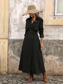 Brillora 女款黑色梭织长款休闲风衣秋冬长款黑色风衣配腰带黑色束带大衣女款长款黑色大衣 - 黑色 - 查看 7