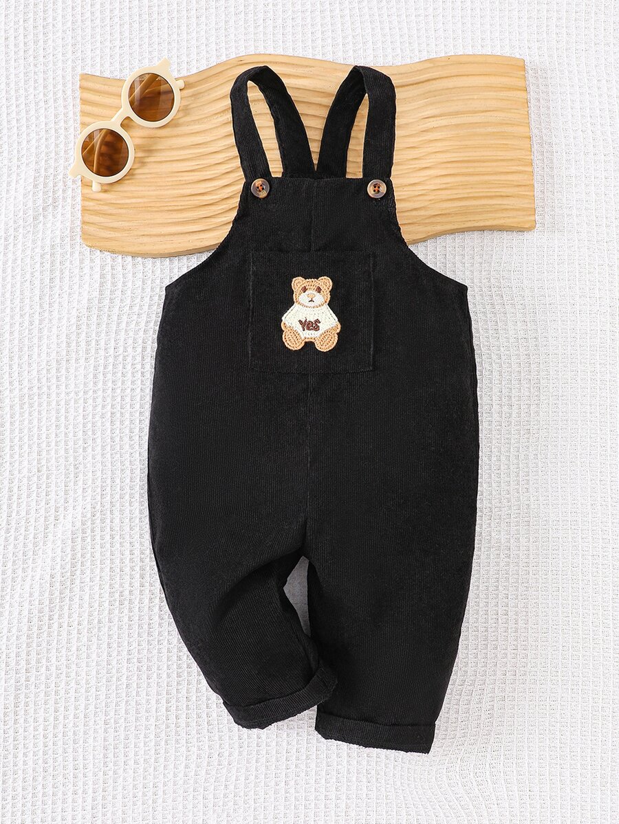 SHEIN Playful Pals 男嬰黑色燈芯絨吊帶褲 秋季可愛泰迪熊刺繡 親子套裝復古風 淘氣夥伴系列 外出拍照穿搭