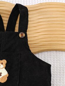 SHEIN Playful Pals 男嬰黑色燈芯絨吊帶褲 秋季可愛泰迪熊刺繡 親子套裝復古風 淘氣夥伴系列 外出拍照穿搭 - 黑色 - 查看 7