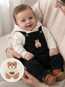 SHEIN Playful Pals 男嬰黑色燈芯絨吊帶褲 秋季可愛泰迪熊刺繡 親子套裝復古風 淘氣夥伴系列 外出拍照穿搭 - 黑色 - 查看 3