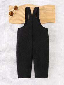 SHEIN Playful Pals 男嬰黑色燈芯絨吊帶褲 秋季可愛泰迪熊刺繡 親子套裝復古風 淘氣夥伴系列 外出拍照穿搭 - 黑色 - 查看 4