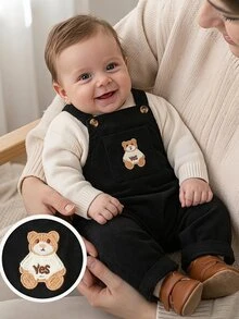 SHEIN Playful Pals 男嬰黑色燈芯絨吊帶褲 秋季可愛泰迪熊刺繡 親子套裝復古風 淘氣夥伴系列 外出拍照穿搭 - 黑色 - 查看 5