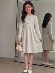 Girls' Gentle Round Neck Cable Knit Sweater Dress Autumn Winter - Apricot - View 3