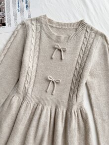 Girls' Gentle Round Neck Cable Knit Sweater Dress Autumn Winter - Apricot - View 7