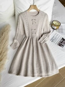 Girls' Gentle Round Neck Cable Knit Sweater Dress Autumn Winter - Apricot - View 1