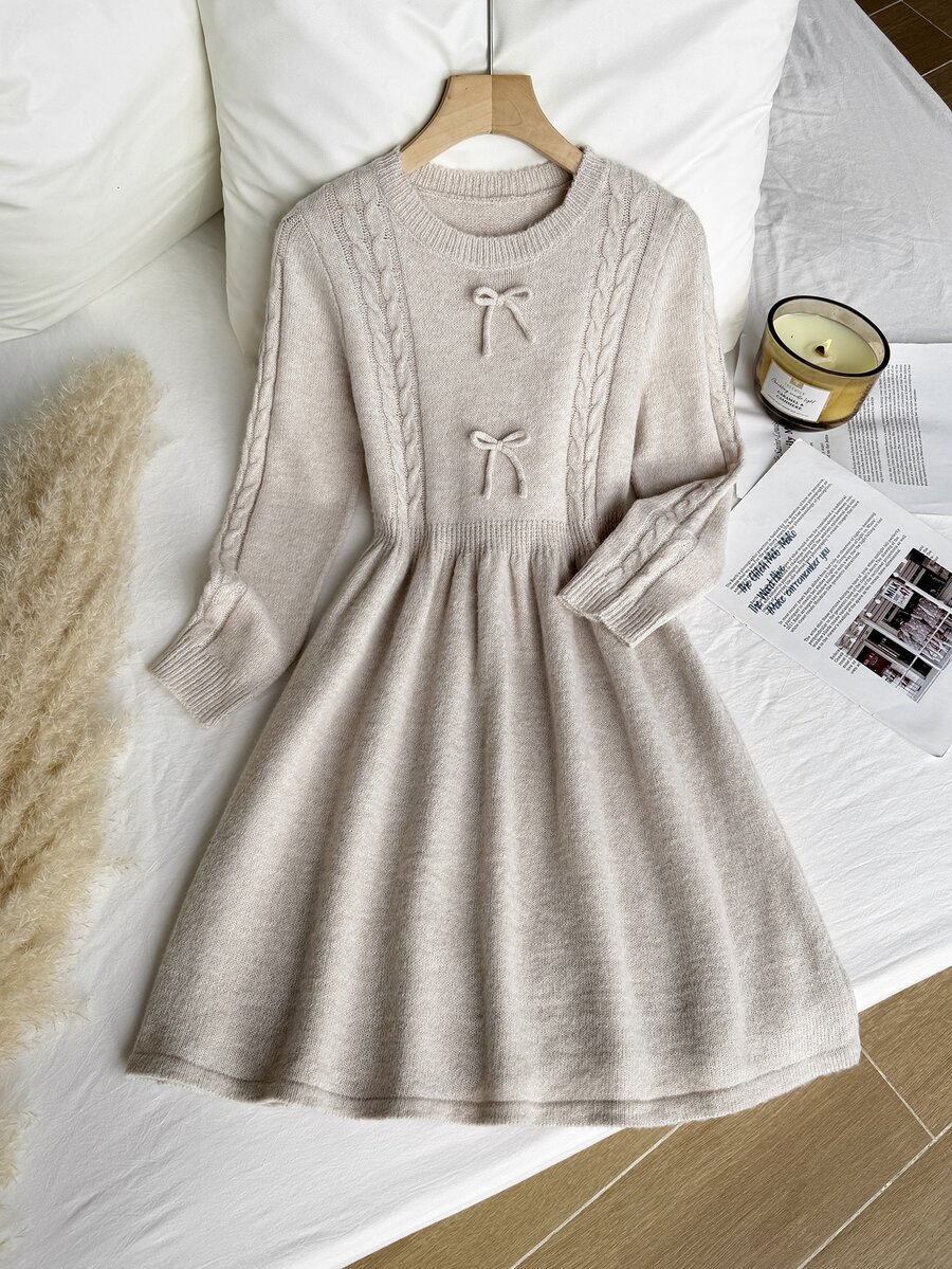 Girls' Gentle Round Neck Cable Knit Sweater Dress Autumn Winter - Apricot - View 1
