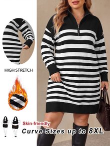 SHEIN CURVE+ Plus Size Black & White Striped Knit Casual Dress, Autumn/Winter - Black and White - View 1