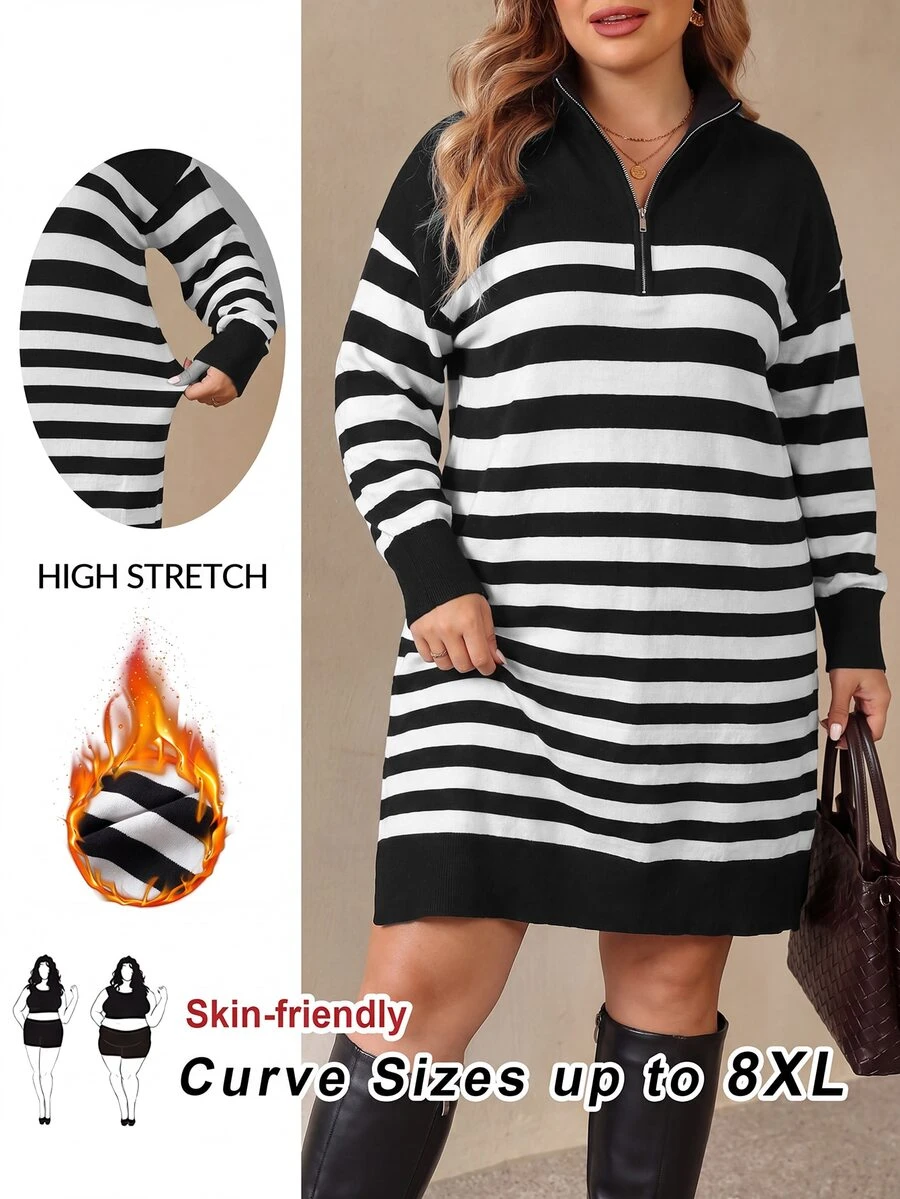 SHEIN CURVE+ Plus Size Black & White Striped Knit Casual Dress, Autumn/Winter - Black and White - View 1