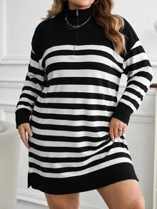 SHEIN CURVE+ Plus Size Black & White Striped Knit Casual Dress, Autumn/Winter - Black and White - View 3